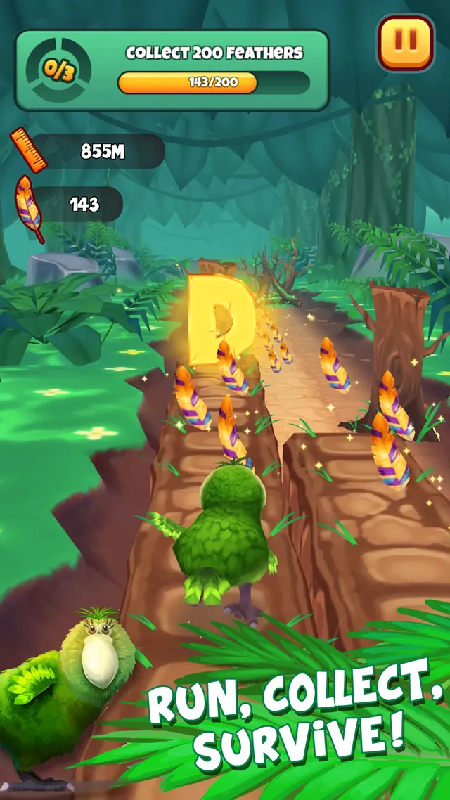 Kakapo verde a correr por um trilho de floresta a apanhar penas no Kakapo Run